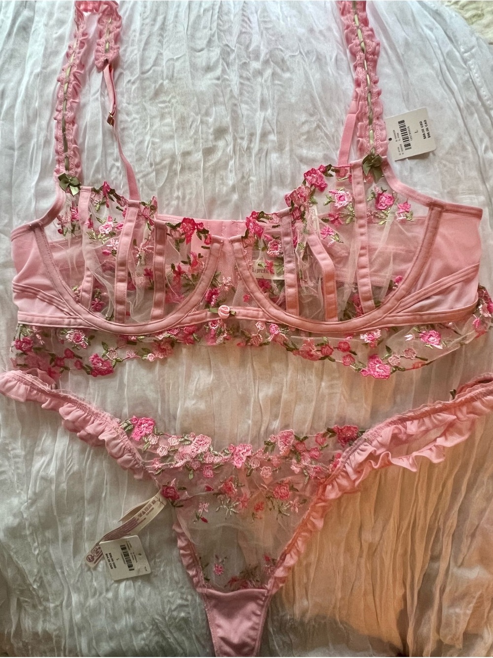 NWT Anthropologie, LyreBird Pink Floral Sheer Embroidered Bra & Thong Set